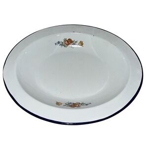 Vintage Serving Bowl Enamelware Floral 11x9" White Blue Border *flaw